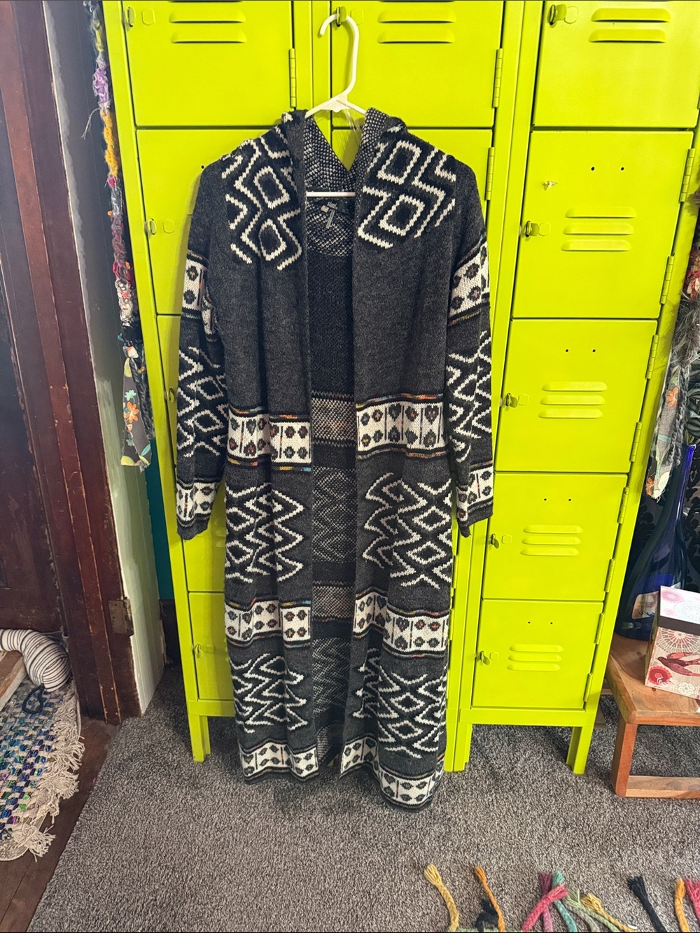Sioni Black & White Hooded Aztec Duster Coat
